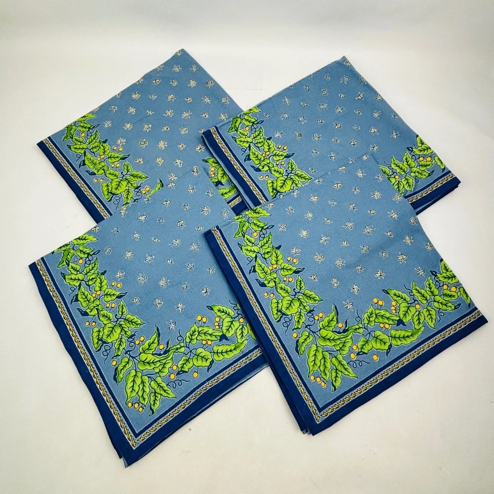 Williams Sonoma Provence Blue Napkin Set of 4 Floral Leaf Bees 20x20 Cotton